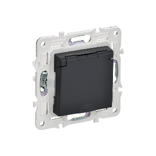 Розетка 1-м IEK SKANDY SK-R11G 16А IP44 с заземл. защ. штроки с крышкой графит SK-R16-16-44-K53
