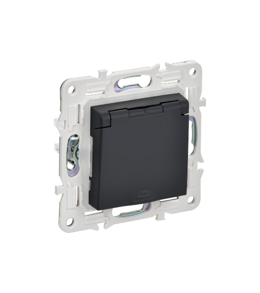 Розетка 1-м IEK SKANDY SK-R11G 16А IP44 с заземл. защ. штроки с крышкой графит SK-R16-16-44-K53