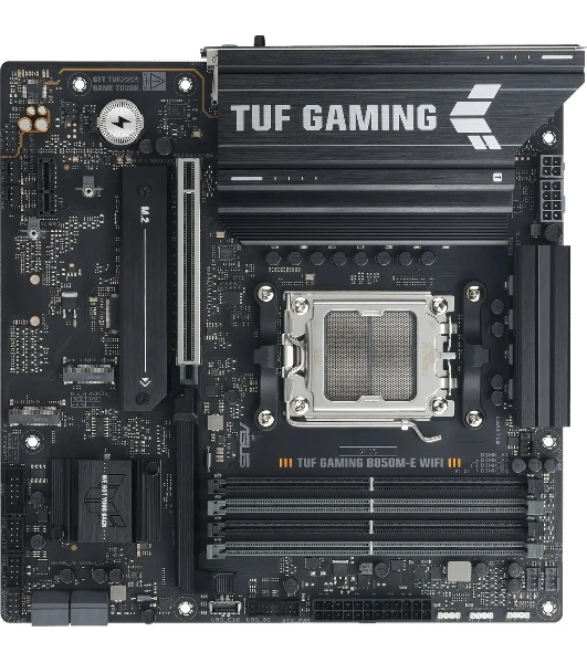 Материнская плата ASUS TUF GAMING B850M-E WIFI, AM5, AMD B850, 4xDDR5, 4xSATA, 3xM.2, 1xPCIe 5.0 x16, 1xPCIe 3.0 x1, 1xHDMI, 2xDP, 1x2.5Gb LAN, Wi-Fi 6E, Bluetooth 5.3, 1xUSB-C 10Gbps, 1xUSB-A 10Gbps, 2xUSB-A 5Gbps, 4xUSB-A 2.0, 3x3.5 мм, 7.1, mATX