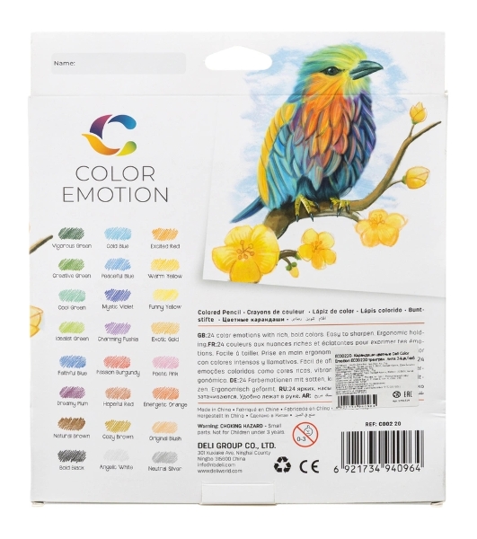Карандаши цветные Deli EC00220 Color Emotion, трехгранный профиль, липа, 24 цвета, коробка с европодвесом (24шт)
