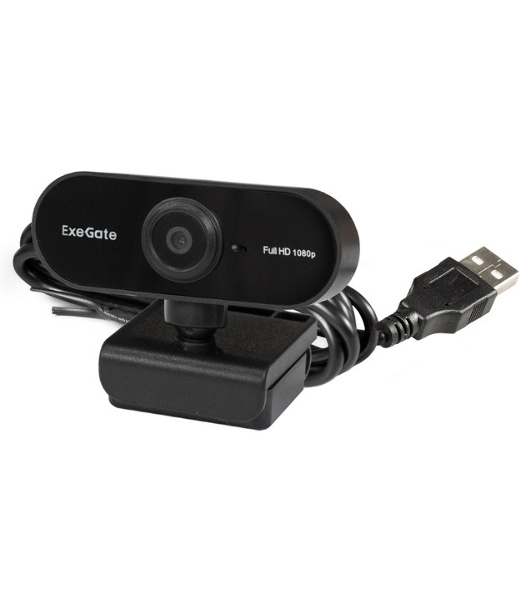 Веб-камера ExeGate EX287379RUS Stream C925 FullHD T-Tripod (матрица 1/3' 2 Мп, 1920х1080, 1080P, 30fps, 4-линзовый объектив, шторка, фиксированный фокус, USB, микрофон с шумоподавлением, поворотное крепление, телескопический штатив Tripod Tele Ball, кабель 1,5 м, поддержка H.264, Win Vista/7/8/10, Mac OS, черная)