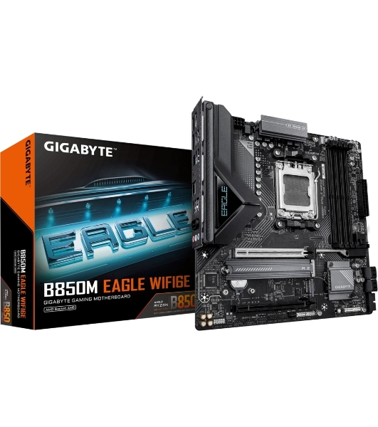 Материнская плата Gigabyte B850M EAGLE WIFI6E, AM5, AMD B850, 4xDDR5, 4xSATA, 2xM.2, 1xPCIe 5.0 x16, 1xPCIe 3.0 x16, 1xHDMI, 2xDP, 1x2.5Gb LAN, Wi-Fi 6E, Bluetooth 5.3, 1xUSB-C 10Gbps, 2xUSB-A 10Gbps, 2xUSB-A 5Gbps, 4xUSB-A 2.0, 1xPS/2, 3x3.5 мм, 7.1, mATX