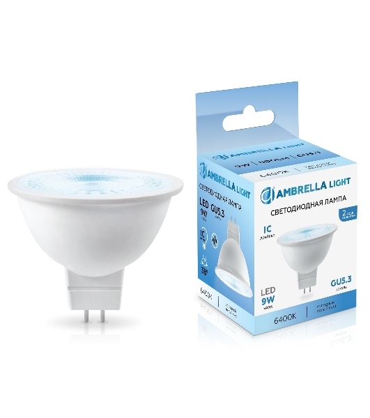 Лампа светодиодная	Ambrella light 170906 LED MR16 9W IC GU5.3 6400K 175-265V 38°