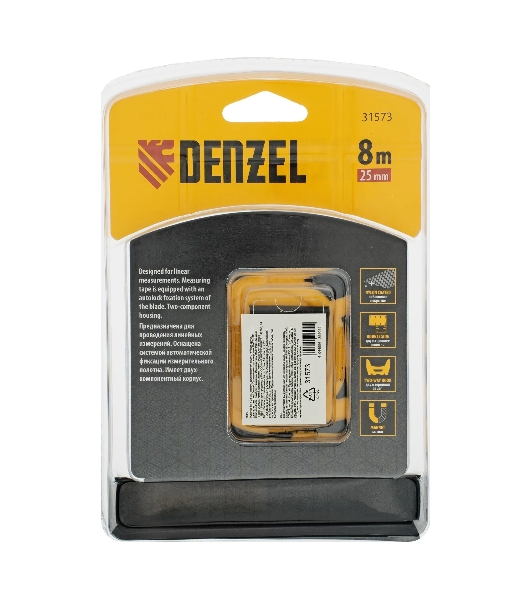 Рулетка Denzel 8м x 25 мм, магнит, двухсторонний зацеп, нейлон, двуст. шкала, автоматич. 31573