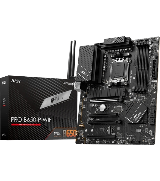 Материнская плата MSI PRO B650-P WIFI, AM5, AMD B650, 4xDDR5, 6xSATA, 2xM.2 (PCIe 4.0), 2xPCIe 4.0 x16, 2xPCIe 3.0 x16, 1xHDMI, 1xDP, 1x2.5Gb LAN, Wi-Fi, Bluetooth, 1xUSB-C 20Gbps, 3xUSB-A 10Gbps, 4xUSB-A 5Gbps, 3x3.5 мм, 7.1, чёрный, ATX