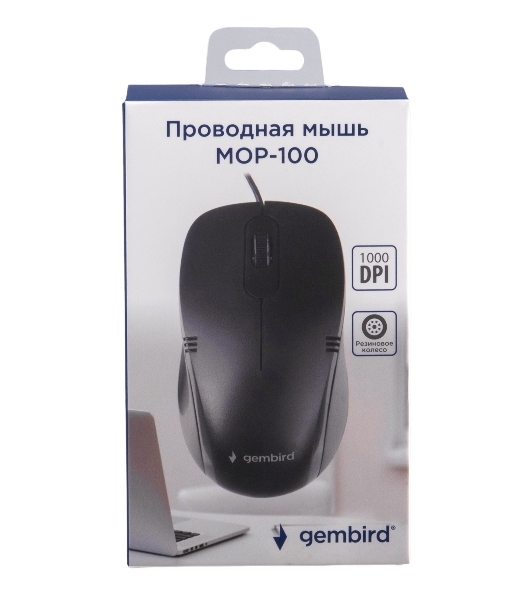 Мышь проводная Gembird MOP-100 черный, 1000 dpi, USB, кнопки - 3