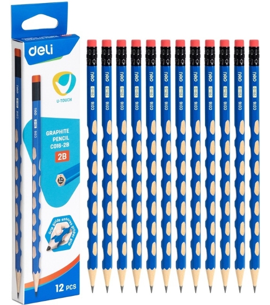 Карандаш чернографитный Deli EC016-2B U-Touch 2B, трехгранный, (12шт) ластик