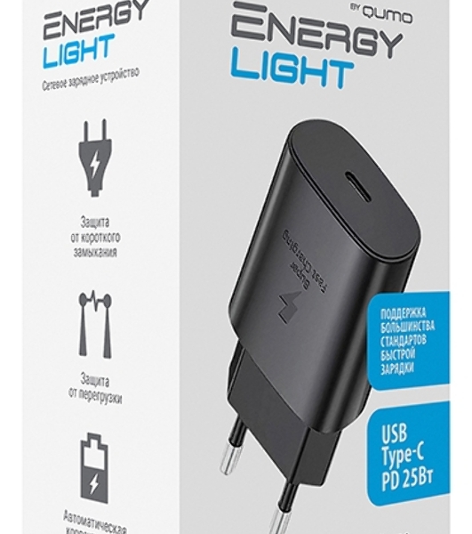 Сетевое зарядное устройство Qumo Energy light PD 25Вт, (модель 0102), порт: USB Type-C, черный