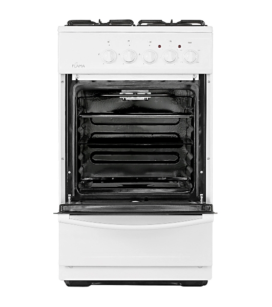 Плита комбинированная Flama RK 23-105 W белый, конфорок 4 шт, духовка 50 л, 50 см x 85 см x 60 см