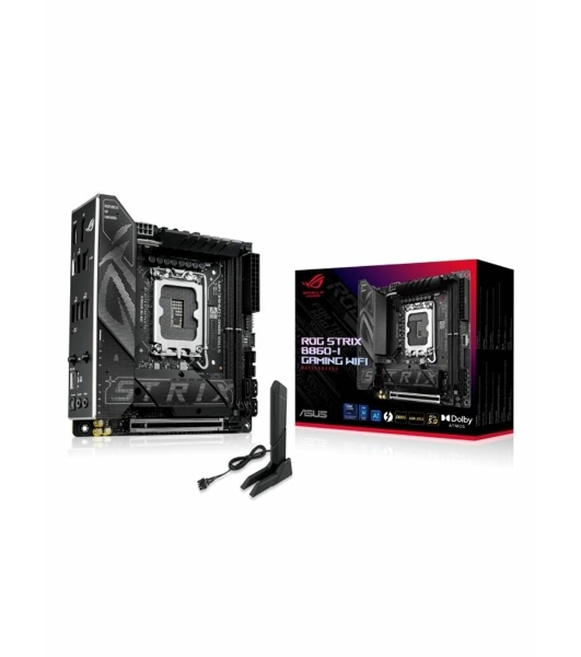 Материнская плата ASUS ROG STRIX B860-I GAMING WIFI, LGA1851, Intel B860, 2xDDR5, 4xSATA, 2xM.2, 1xPCIe 5.0 x16, 1xDP, 1xHDMI, 1xThunderbolt 4, 1x2.5Gb LAN, Wi-Fi 7, 2xUSB 2.0, 3xUSB 3.2 Gen 1, 1xUSB 3.2 Gen 2, 1xUSB 3.2 Gen 2x2, 1xUSB-C, 1xS/PDIF, 2x3.5 мм, 7.1, Mini-ITX