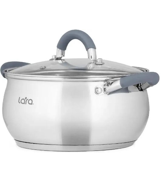Кастрюля LARA LR02-481 BELL 18x10,5 см, 2,6 л, нержавеющая сталь, индукционное дно, силиконовая ручка, стеклянная крышка