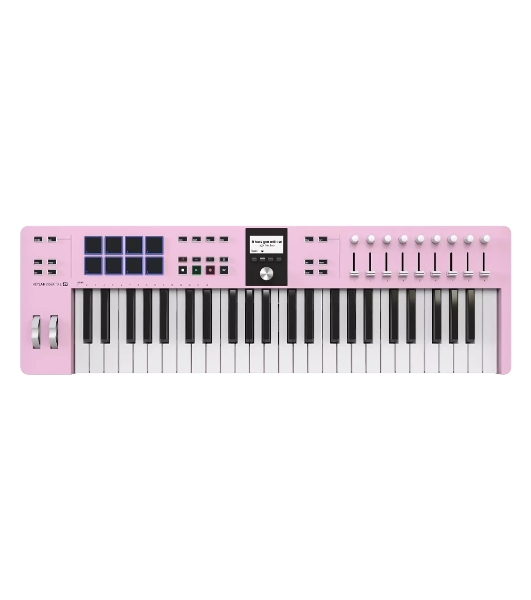 Клавиатура MIDI 231525 Arturia KeyLab Essential 49 mk3 Rose Quartz 49 клавиш, LCD дисплей, 9 энкодеров, 8 пэдов, 9 фейдеров, 12 кнопок управления, колеса высоты тона и модуляции, 1/4' Jack вход для педали, MIDI выход, Type-C