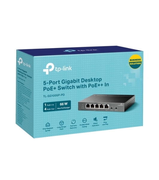 Коммутатор настольный TP-Link TL-SG1005P-PD с 5 гиг. портами (1 порт с входящим PoE++, 4 порта с исходящим PoE+), бюджет PoE: 9, 21, 47 или 66 Вт (зависит от используемого стандарта входящего PoE)