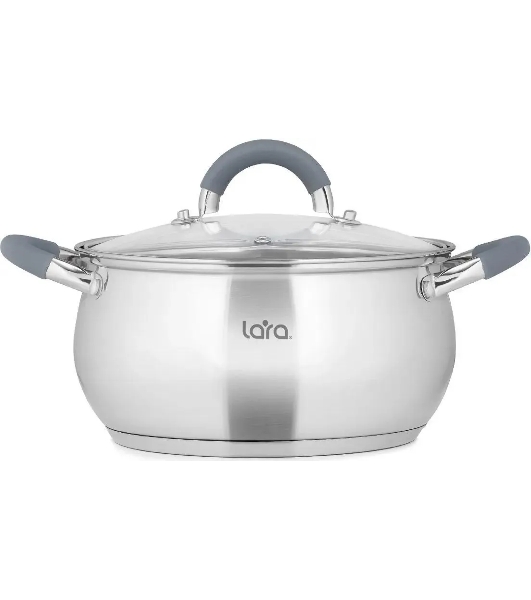 Кастрюля LARA LR02-481 BELL 18x10,5 см, 2,6 л, нержавеющая сталь, индукционное дно, силиконовая ручка, стеклянная крышка