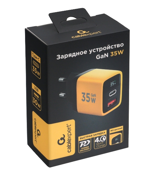Сетевое зарядное устройство с дисплеем Cablexpert MP3A-PC-53, 35Вт GaN, QC3.0/PD3.0, 1хUSB, 1хType-C, желтый, коробка