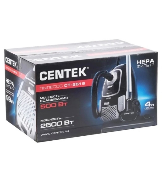 Пылесос Centek CT-2519 черный/хром, 500/2500 Вт, уборка сухая, пылесборник мешок 4 л