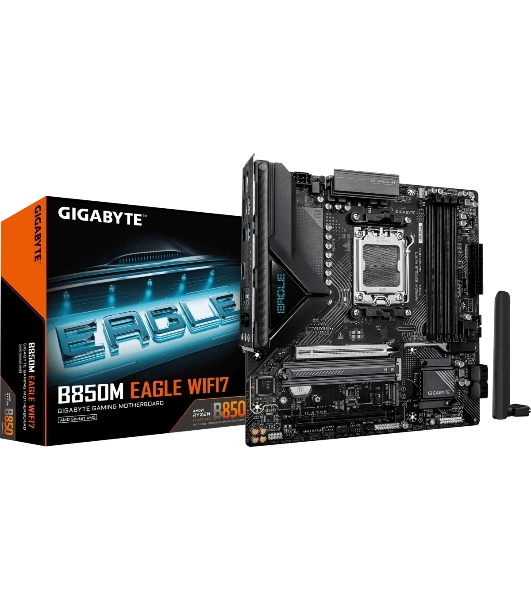 Материнская плата Gigabyte B850M EAGLE WIFI7, AM5, AMD B850, 4xDDR5, 4xSATA, 2xM.2, 1xPCIe 5.0 x16, 1xPCIe 3.0 x16, 1xHDMI, 2xDP, 1x2.5Gb LAN, Wi-Fi 7, Bluetooth 5.4, 1xUSB-C 10Gbps, 1xUSB-A 10Gbps, 2xUSB-A 5Gbps, 4xUSB-A 2.0, 1xPS/2, 3x3.5 мм, 7.1, mATX