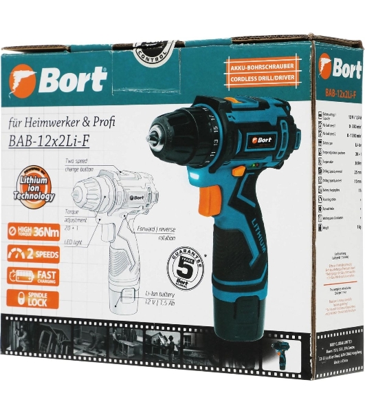 Дрель-шуруповерт Bort BAB-12x2Li-F, 12 В, 1,5 Ач, 36 Нм, щеточный