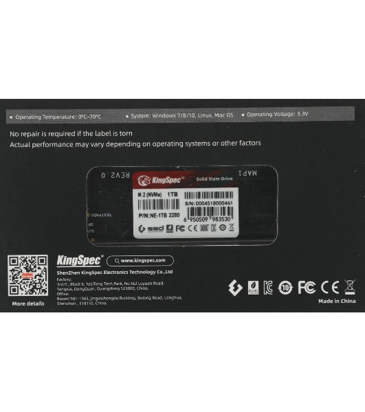 Накопитель SSD KingSpec NE-1Tb, 1Tb, PCIe 3.0 x4, M.2 2280, NVMe, R/W 2400/1900