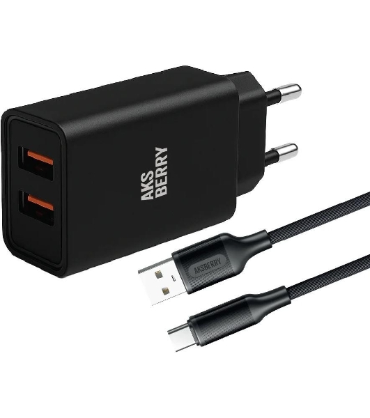 Сетевое зарядное устройство AKSBERRY (6900209230014) T38 2 USB 2.4A + кабель Type C, черный
