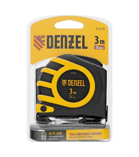 Рулетка Denzel 3м x 16 мм, двухсторонний зацеп, нейлон, двуст. шкала, автоматич. 31570