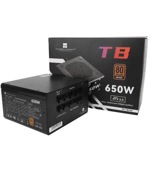 Блок питания Thermalright, 650W 80+ Bronze (ATX, 3.0, Full modular, 1x24(20+4)pin, 2xCPU 8(4+4)pin, 4xPCIe*2 8(6+2)pin, 3xSATA3, 3xMOLEX4pin, Active, 120x120мм, 150x140x86mm, APFC, черный)