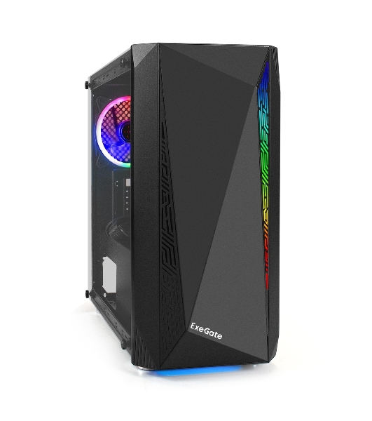 Компьютерный корпус Minitower ExeGate Mistery R2-NPX450 (mATX, БП 450NPX с вент. 12 см, 2*USB+1*USB 3.0, аудио, черный, 1 вент. 12см с RGb подсветкой и полоса на передней панели, боковая панель - закаленное стекло)