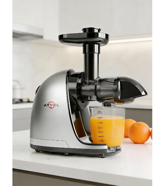 Соковыжималка Atvel PowerTwist J3 серый, шнековая горизонтальная, 150 Вт, 700 мл, электронное, реверс