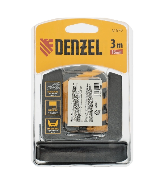 Рулетка Denzel 3м x 16 мм, двухсторонний зацеп, нейлон, двуст. шкала, автоматич. 31570