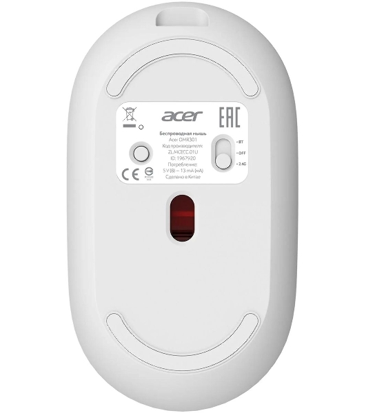 Мышь беспроводная Acer OMR301 белый, 1600 dpi, радиоканал, Bluetooth, USB, кнопки - 4