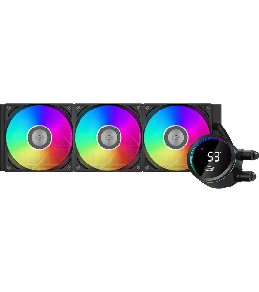 Система охлаждения PCCooler DA360 Pro ARGb Digital BK (300W, 360мм, LED temp., Black, ARGb/Fans: 3x120мм, 75.8CFM, 33.7dBA, 2200RPM/Pump height 57мм, 28dBA, 3000RPM, Rad thickness 27мм/S: 1851, 1700, 1200, 20XX, 115X, AM5, AM4)