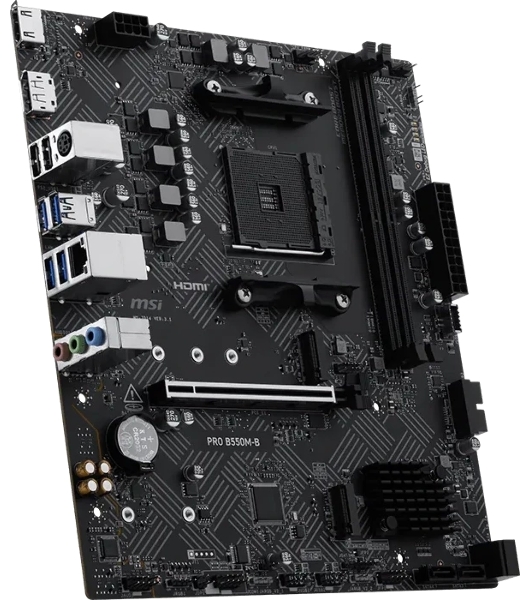 Материнская плата MSI PRO B550M-B, AM4, AMD B550, 2xDDR4 (до 64 ГБ), 4xSATA, 2xM.2 (PCIe 4.0/3.0), 1xPCIe 4.0 x16, 1xPCIe x1, 1xHDMI, 1xDP, 1x1Gb LAN, 4xUSB-A 5Gbps, 2xUSB-A 2.0, 1xPS/2, 3x3.5 мм, 7.1, чёрный, mATX