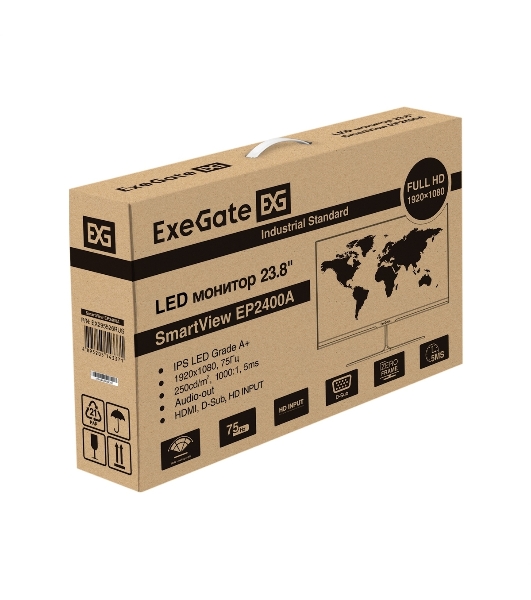 Монитор 23.8' ExeGate SmartView EP2400A IPS 1920x1080, 75 Гц, 5 мс, 16:9, 250 кд/м2, 1xHDMI, 1xVGA, 1x3.5 мм, черный