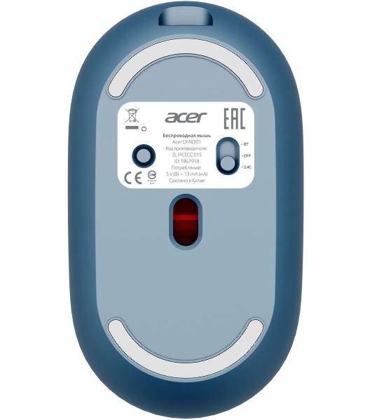 Мышь беспроводная Acer OMR301 синий, 1600 dpi, радиоканал, Bluetooth, USB, кнопки - 4