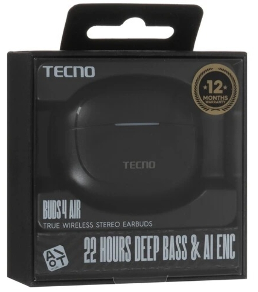 Наушники TWS Tecno Buds 4 Air черный, внутриканальные, Bluetooth, до 6 ч