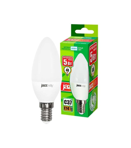 Лампа светодиодная JazzWay PLED-ECO-C37 5Вт свеча 4000К белый E14 400лм 220-240В