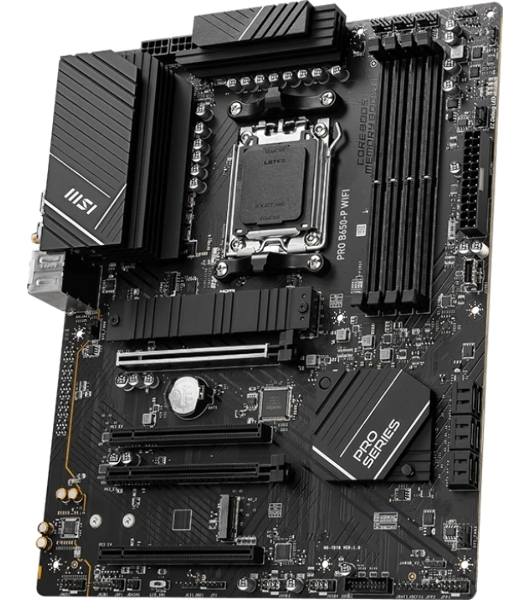 Материнская плата MSI PRO B650-P WIFI, AM5, AMD B650, 4xDDR5, 6xSATA, 2xM.2 (PCIe 4.0), 2xPCIe 4.0 x16, 2xPCIe 3.0 x16, 1xHDMI, 1xDP, 1x2.5Gb LAN, Wi-Fi, Bluetooth, 1xUSB-C 20Gbps, 3xUSB-A 10Gbps, 4xUSB-A 5Gbps, 3x3.5 мм, 7.1, чёрный, ATX