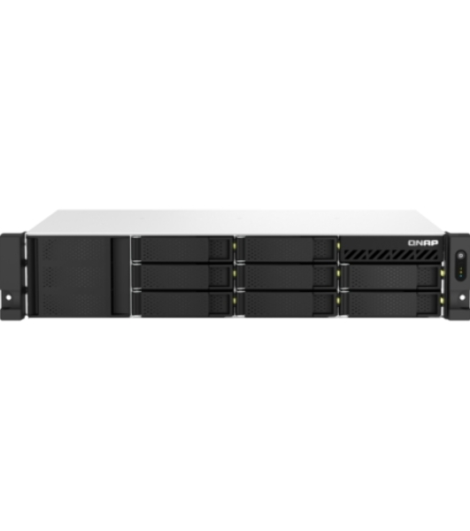 Сетевое хранилище SMB QNAP TS-873AeU-4G NAS 8x3.5/2.5 SATA/SSD trays, 2 x M2 PCIe, 2x 2.5 GbE, 2U rackmount, 1 PSU. AMD Ryzen V1500B 4-core/8-thread 2.2 GHz processor, 4 Gb DDR4 RAM (1*4 Gb) up to 64Gb (2*32 Gb). W/o rail kit RAIL-B02