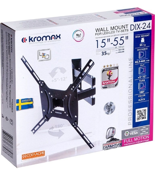 Кронштейн для телевизора Kromax DIX-24 черный 15'-55' макс.35кг настенный поворотно-выдвижной и наклонный