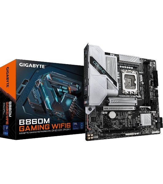 Материнская плата Gigabyte B860M GAMING WIFI6, LGA 1851, Intel B860, 2xDDR5, 4xSATA, 2xM.2, 1xPCIe 5.0 x16, 1xPCIe 4.0 x16, 1xHDMI, 1xDP, 1x2.5Gb LAN, Wi-Fi 6, Bluetooth 5.3, 3xUSB-A 5Gbps, 3xUSB-A 2.0, 1xPS/2, 3x3.5 мм, 7.1, mATX