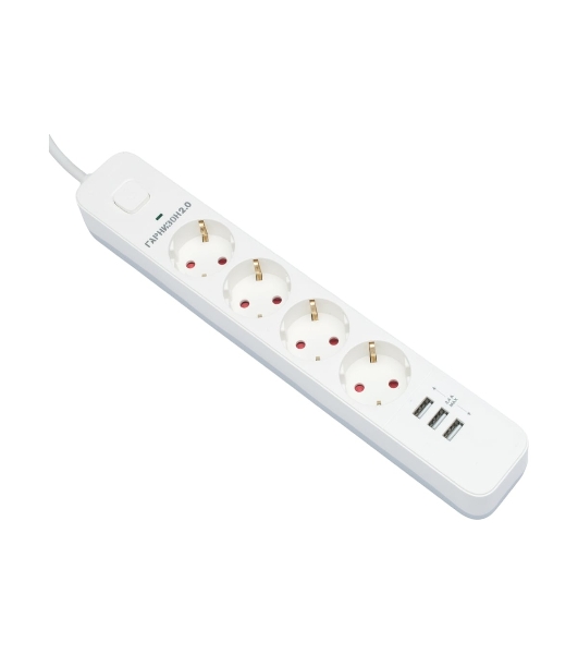 Сетевой фильтр Гарнизон 2.0 Мультипорт EPS-4-U3-W-2, 4 р, 10А, 3xUSB, 2 м, ур.защиты 2+, белый, пакет