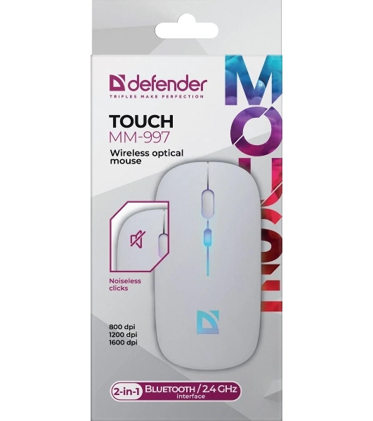 Мышь беспроводная Defender Touch MM-997 белый, 1600 dpi, радиоканал, Bluetooth, USB, кнопки - 4