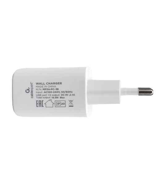 Сетевое зарядное устройство Cablexpert MP3A-PC-58, 10.5Вт, 2.1А, 2хUSB, белый, пакет