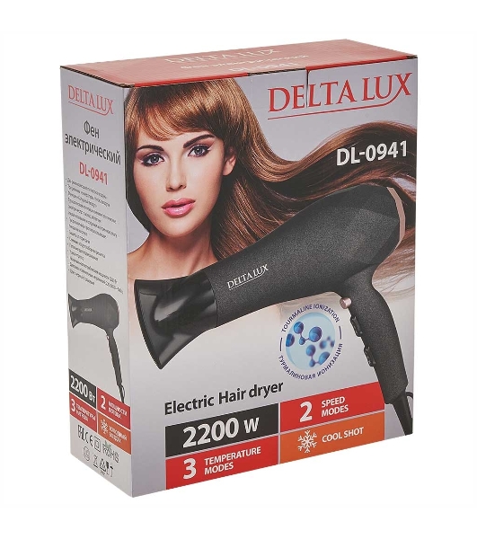 Фен DELTA LUX DL-0941 черный/розовый, 2200 Вт, ионизация