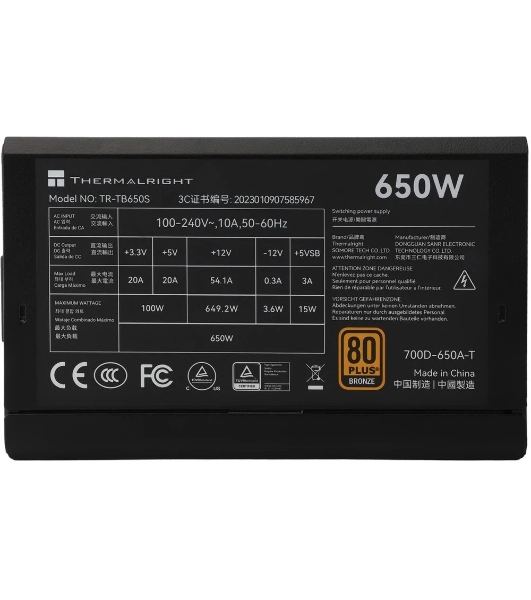 Блок питания Thermalright TR-TB650S 650W 80 PLUS Bronze, (ATX, 3, Non-modular, 1x24(20+4)pin 550мм, 1xCPU*2 8(4+4)pin 600+150мм, 1xPCIe*2 8(6+2)pin 500+150мм, 1xSATA*3+MOLEX4pin*1 400+150+150+150мм, 1xSATA*2+MOLEX4pin*2 400+150+150+150мм, Active, 120x120мм, 150x140x86мм, APFC, )