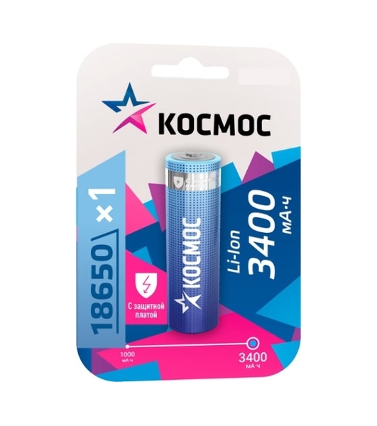 Аккумулятор Li-ion 18650 3400 мАч с защитой (блист.1шт) Космос KOC18650Li-ion34PBL1