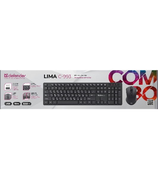 Комплект клавиатура+мышь Defender Lima C-993 беспроводной, USB, 1000 DPI, чёрный