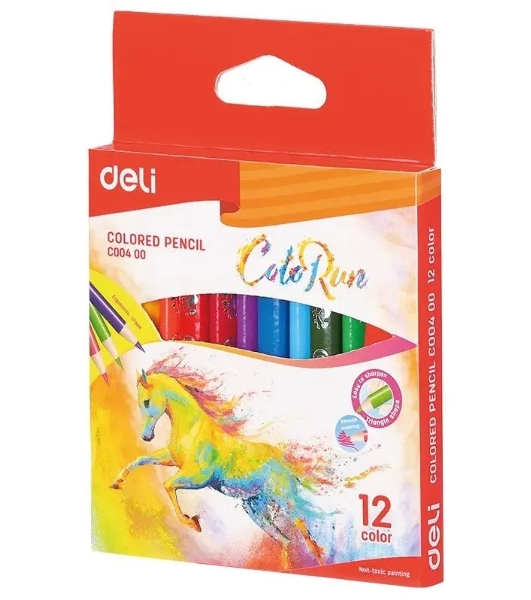 Карандаши цветные Deli EC00400 ColoRun, трехгранный профиль, тополь, 12 цветов, коробка с европодвесом