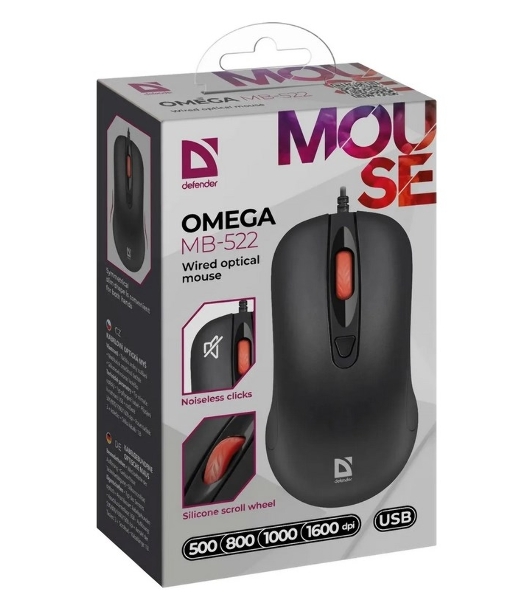 Мышь проводная Defender Omega MB-522 черный, 1600 dpi, USB, кнопки - 4