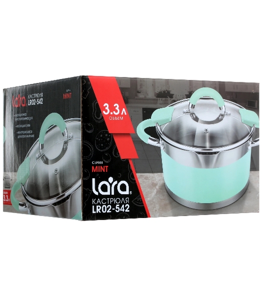 Кастрюля Lara LR02-542 MINT 20x11см, 3,3 л, носик, индукционное дно, крышка с бортом, полипропилен, силикон, нержавеющая сталь